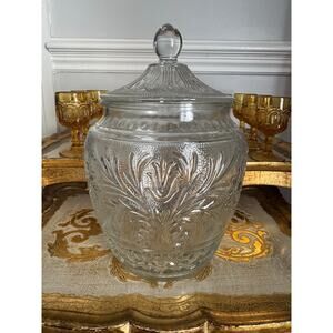 Vintage Anchor Hocking Clear Glass Jar Canister w Lid Floral Pattern 10”